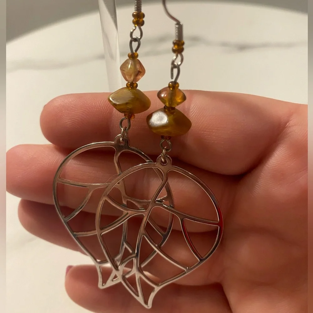 Amber and Glass Leaf Earrings - Picture 6 of 7